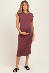 Burgundy Solid Short Sleeve Maternity Midi Dress