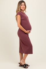 Burgundy Solid Short Sleeve Maternity Midi Dress