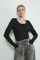 Black Lace Ruffle Neckline Long Sleeve Top