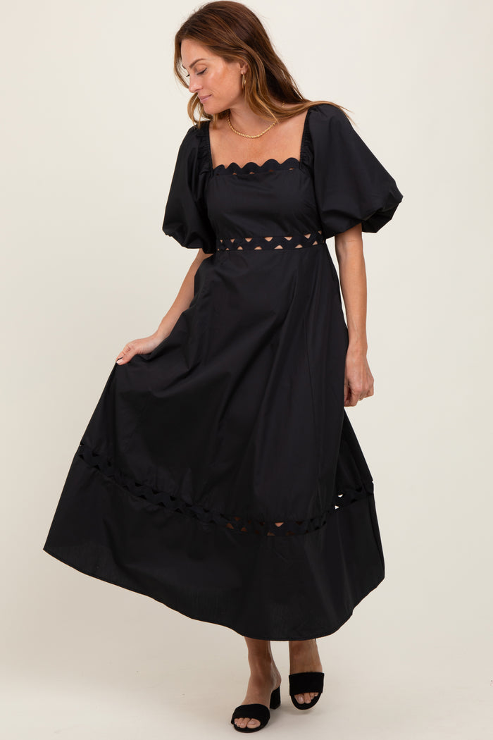 Black Wavy Trim Puff Sleeve Midi Dress