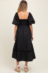 Black Wavy Trim Puff Sleeve Maternity Midi Dress
