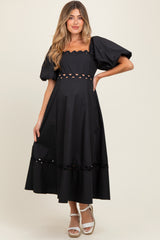 Black Wavy Trim Puff Sleeve Maternity Midi Dress