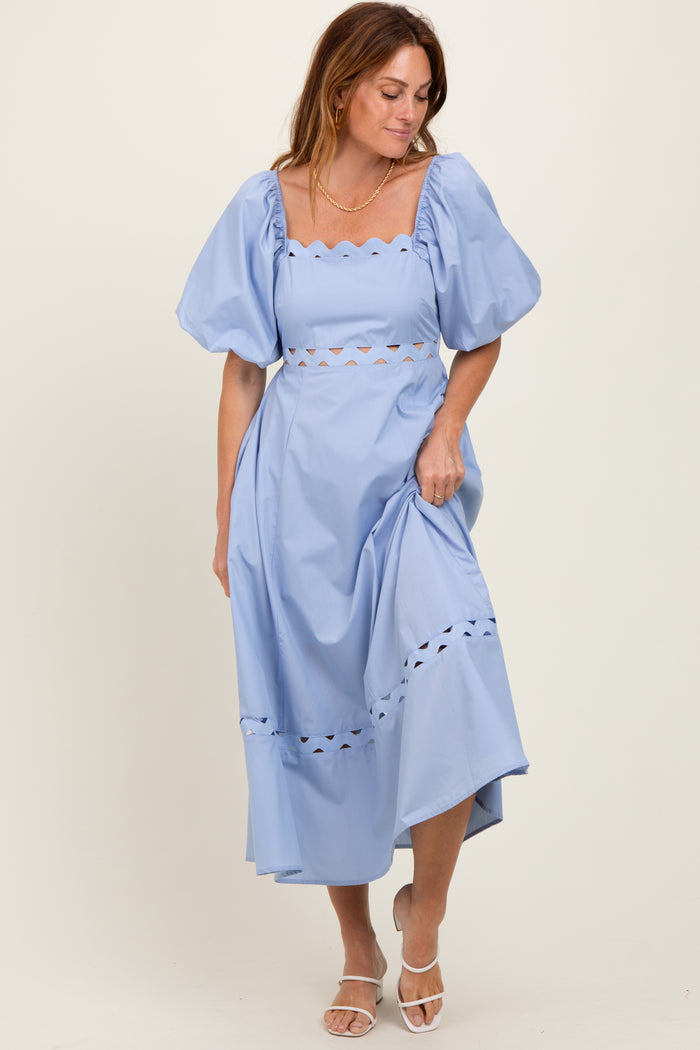 Blue Wavy Trim Puff Sleeve Midi Dress