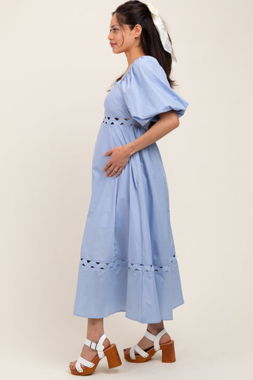Blue Wavy Trim Puff Sleeve Maternity Midi Dress