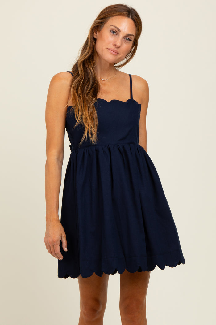 Navy Scallop Edge Cutout Tie Back Maternity Mini Dress