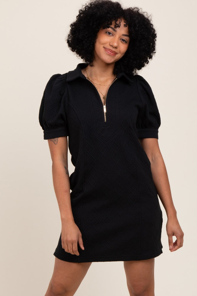 Black Jacquard 1/4 Zip Mini Shirt Dress