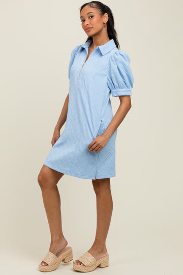 Light Blue Jacquard 1/4 Zip Mini Shirt Dress
