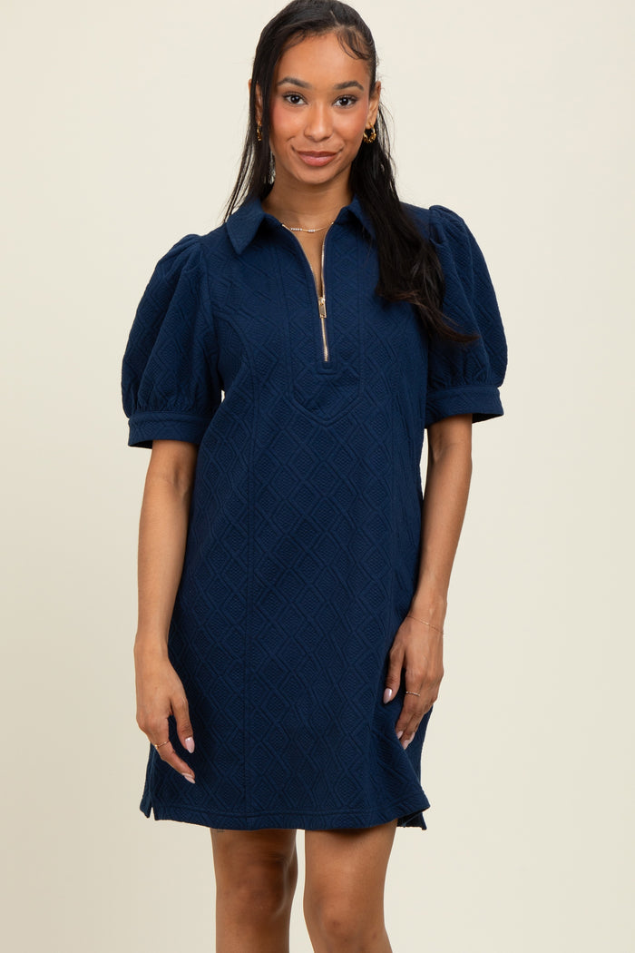 Navy Jacquard 1/4 Zip Mini Shirt Dress