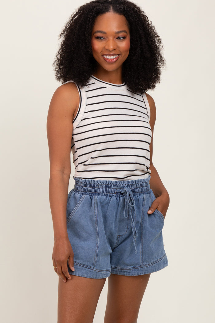 Blue Chambray Smocked Drawstring Waist Maternity Shorts