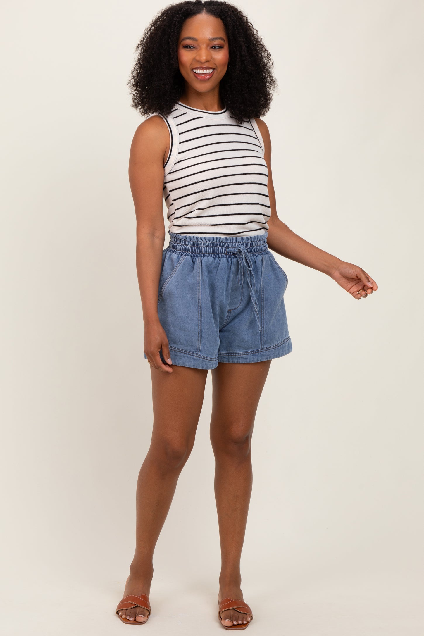 Blue Chambray Smocked Drawstring Waist Shorts
