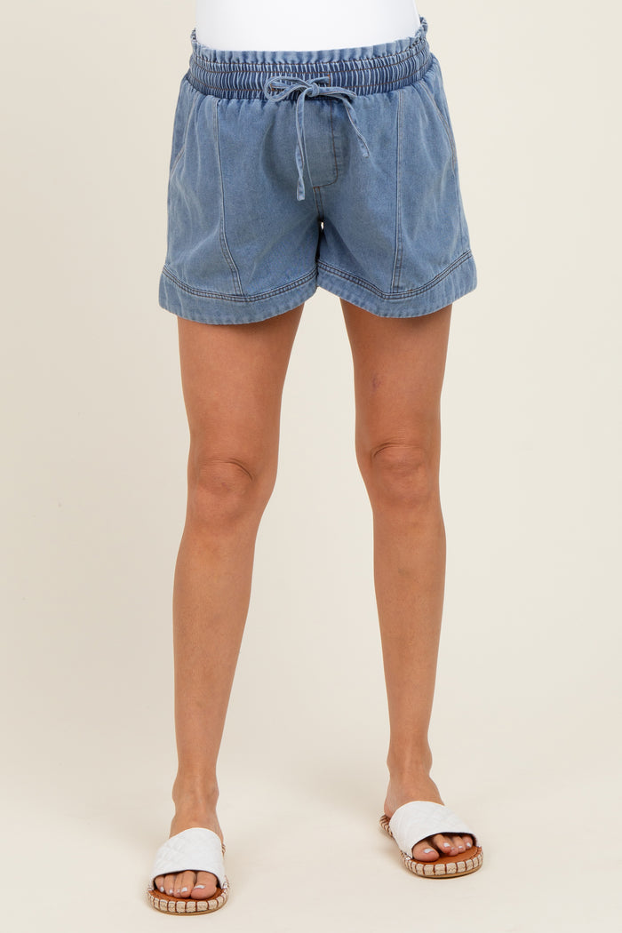 Blue Chambray Smocked Drawstring Waist Maternity Shorts