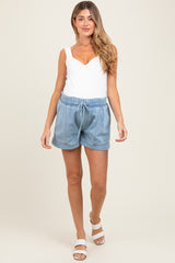 Light Blue Chambray Smocked Drawstring Waist Maternity Shorts