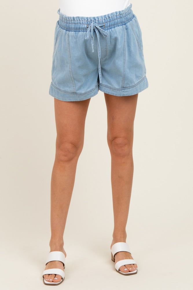 Light Blue Chambray Smocked Drawstring Waist Maternity Shorts