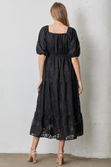 Black Leaf Textured Tiered Midi Dress