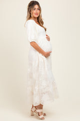 Cream Leaf Textured Tiered Midi Maternity Dress