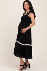 Black Smocked Lace Detail Maternity Midi Dress