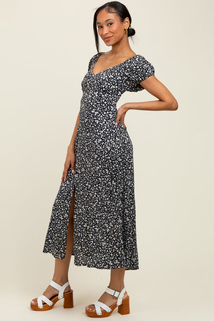 Black Floral V-Neck Button Down Midi Dress