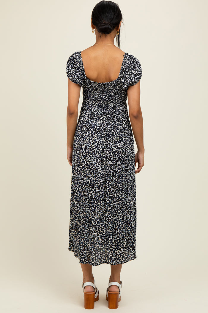 Black Floral V-Neck Button Down Midi Dress