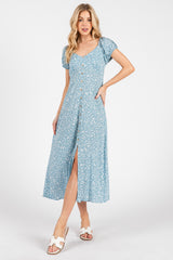 Light Blue Floral V-Neck Button Down Maternity Midi Dress