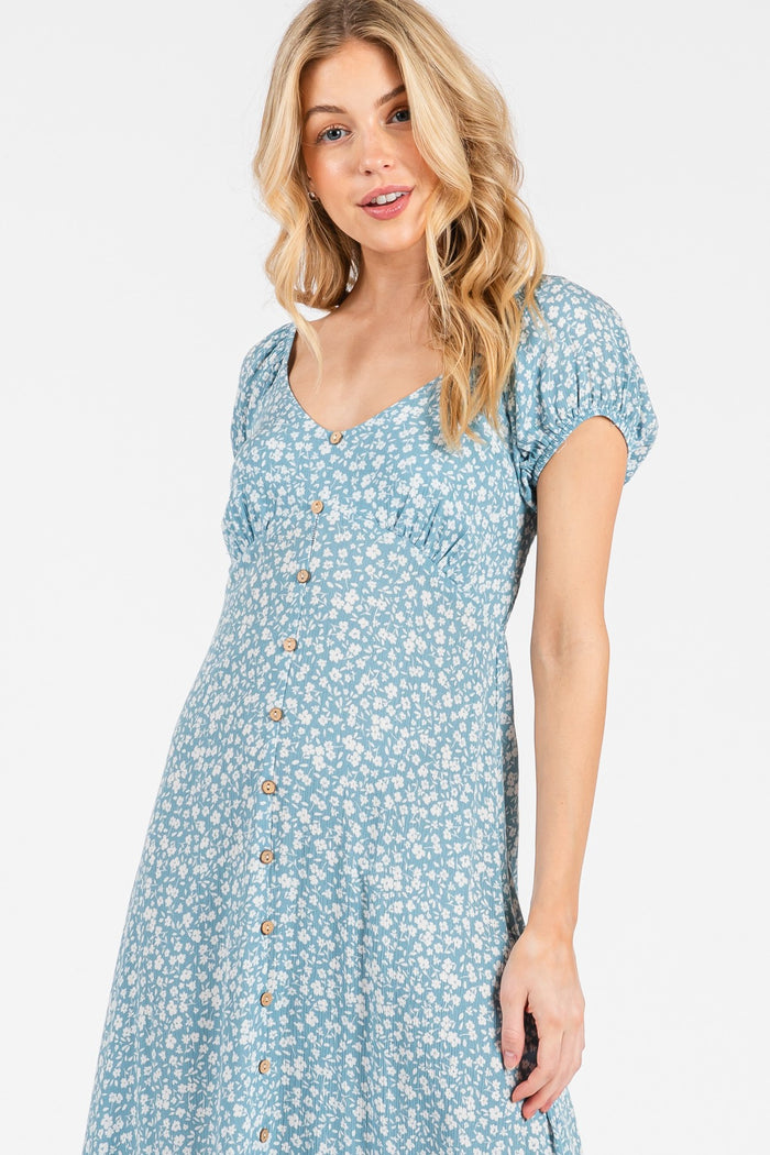 Light Blue Floral V-Neck Button Down Midi Dress