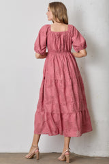 Pink Leaf Textured Tiered Midi Dress