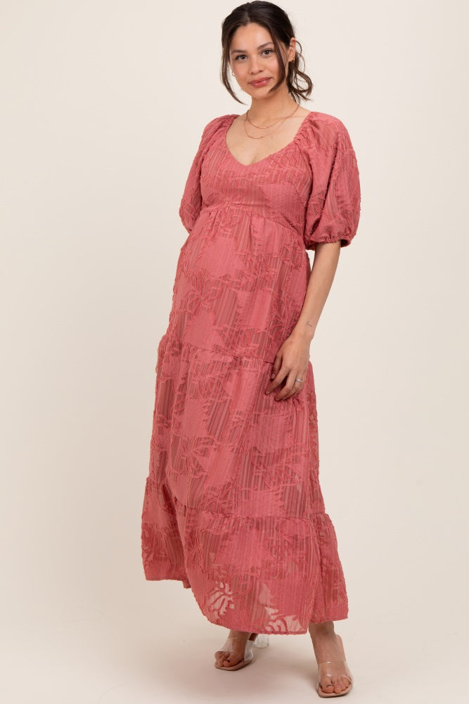 Pink Leaf Textured Tiered Midi Maternity Dress