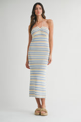 Blue Striped Halter Crochet Knit Maternity Midi Dress