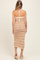 Light Olive Striped Halter Crochet Knit Maternity Midi Dress