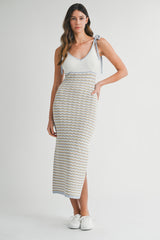 Blue Contrast Colorblock Knit Shoulder Tie Maternity Midi Dress