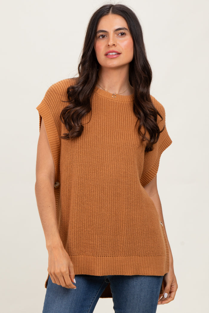 Camel Oversized Side Button Maternity Sweater Vest