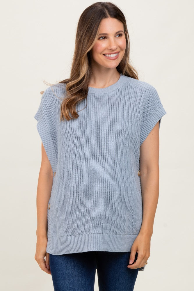Blue Oversized Side Button Maternity Sweater Vest