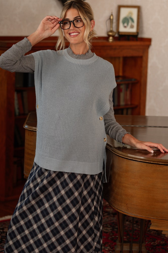 Blue Oversized Side Button Maternity Sweater Vest