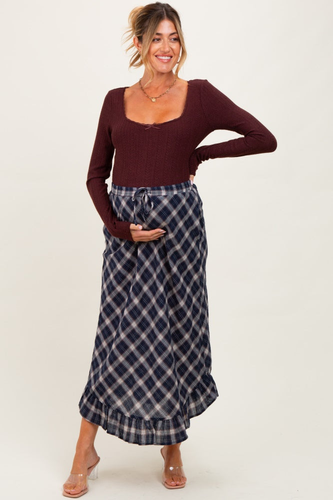 Navy Plaid Ruffle Trim Maternity Maxi Skirt
