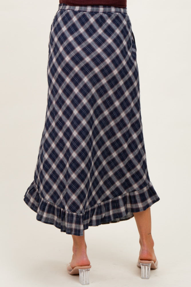Navy Plaid Ruffle Trim Maternity Maxi Skirt