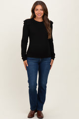 Black Ribbed Knit Ruffle Detail Maternity Long Sleeve Top
