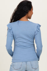 Blue Ribbed Knit Ruffle Detail Maternity Long Sleeve Top