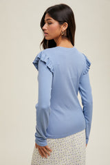 Blue Ribbed Knit Ruffle Detail Long Sleeve Top
