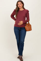 Burgundy Ribbed Knit Ruffle Detail Maternity Long Sleeve Top