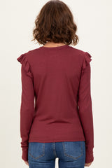 Burgundy Ribbed Knit Ruffle Detail Long Sleeve Top