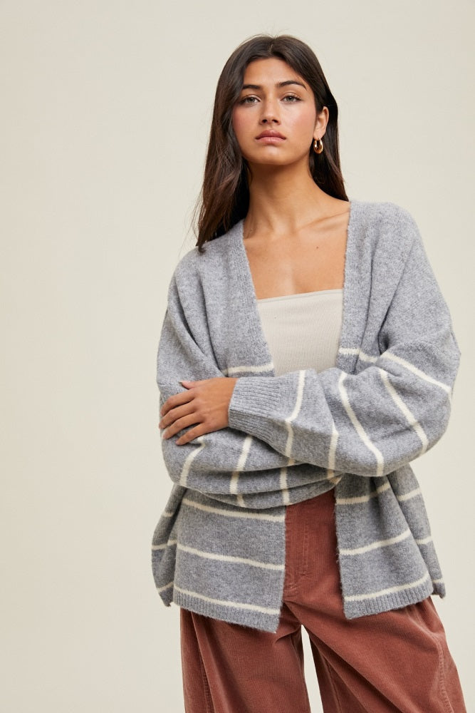 Heather Grey Striped Oversized Cardigan