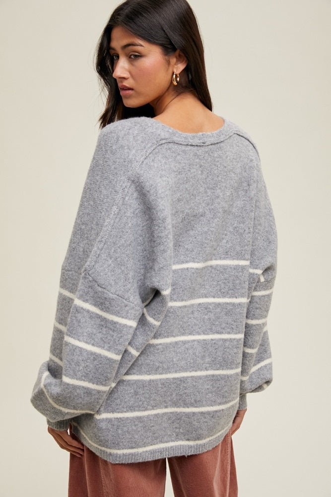 Heather Grey Striped Oversized Cardigan