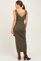Olive Sleeveless Ribbed Belted Midi Maternity Dress
