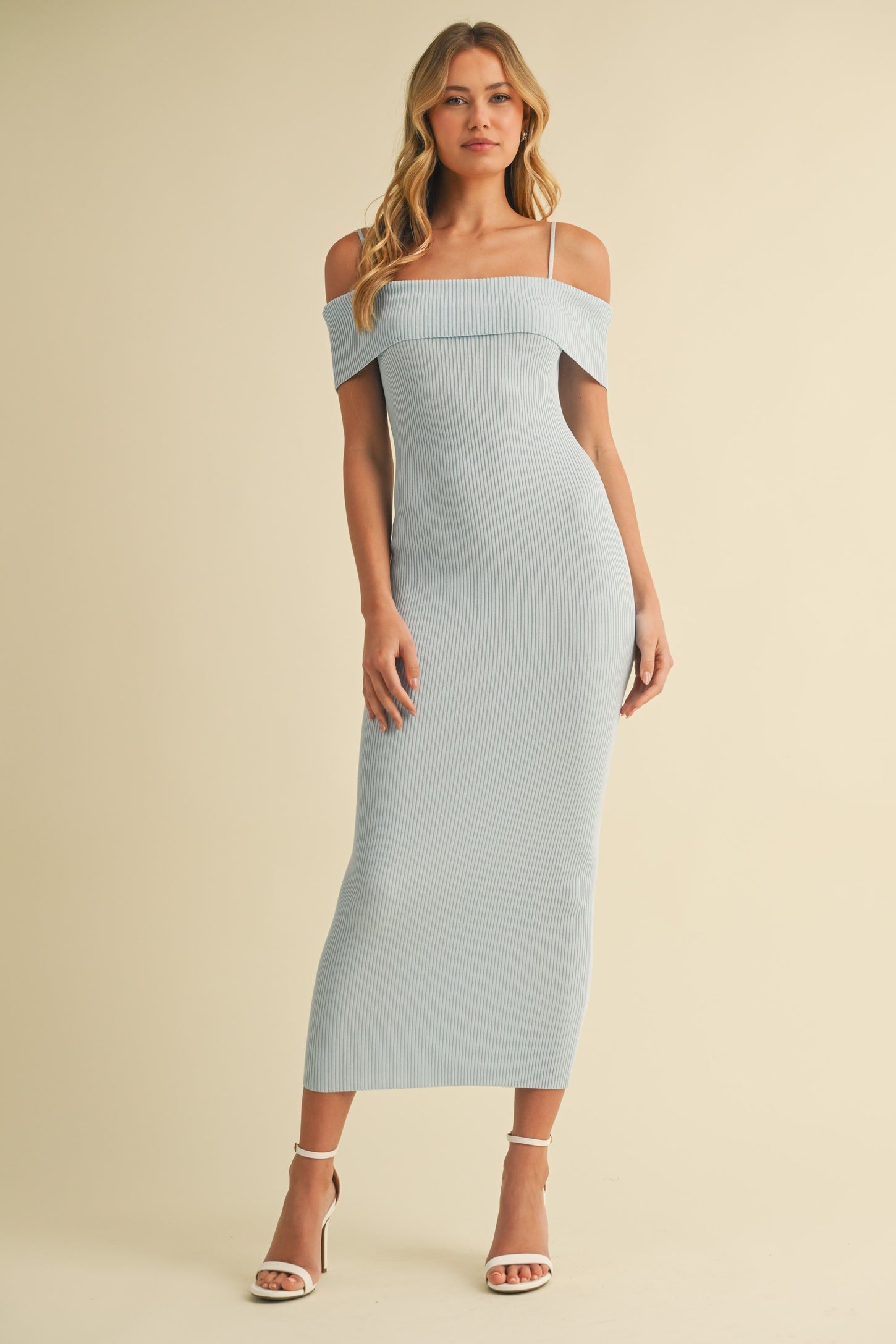 Light Blue Rib Knit Off Shoulder Fitted Midi Dress