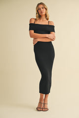 Black Rib Knit Off Shoulder Fitted Midi Dress