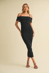 Black Rib Knit Off Shoulder Fitted Midi Dress