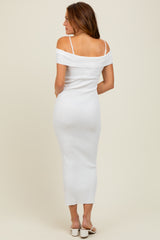 Ivory Rib Knit Off Shoulder Fitted Midi Dress