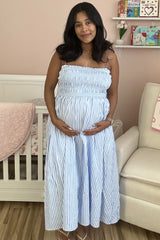 Blue Striped Smocked Maternity Midi Dress