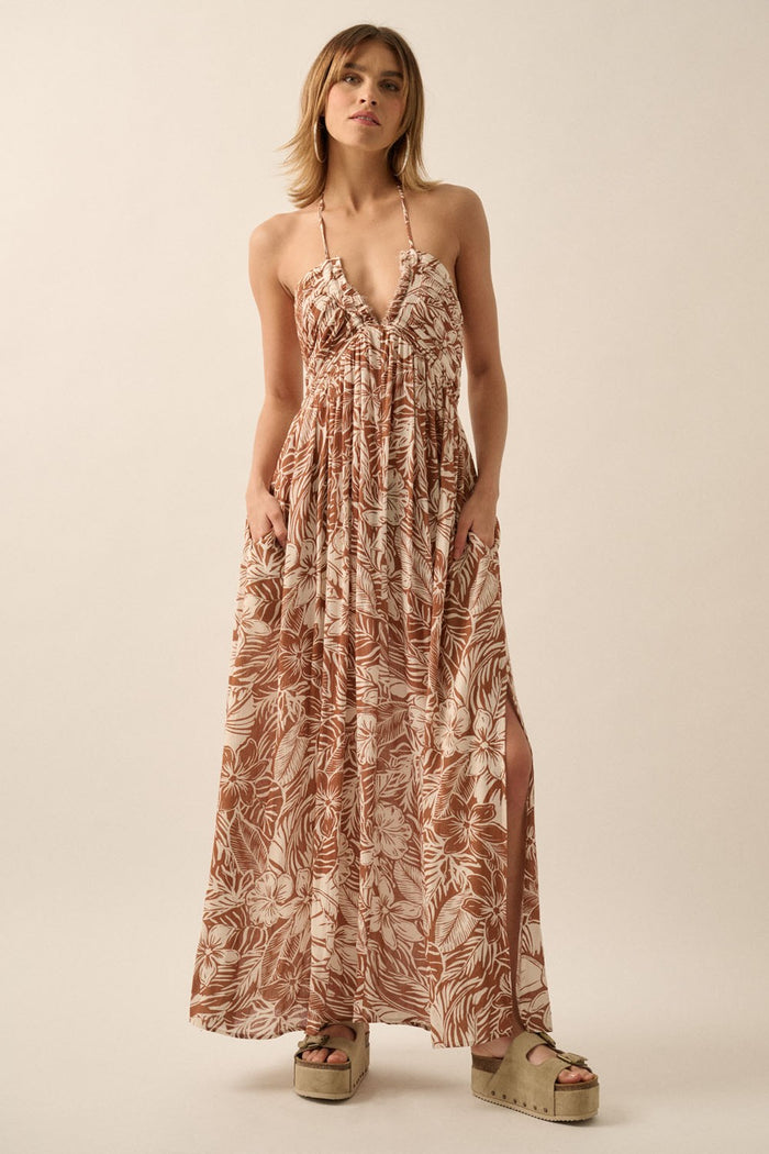 Taupe Floral Ruched V-Neck Halter Maternity Maxi Dress