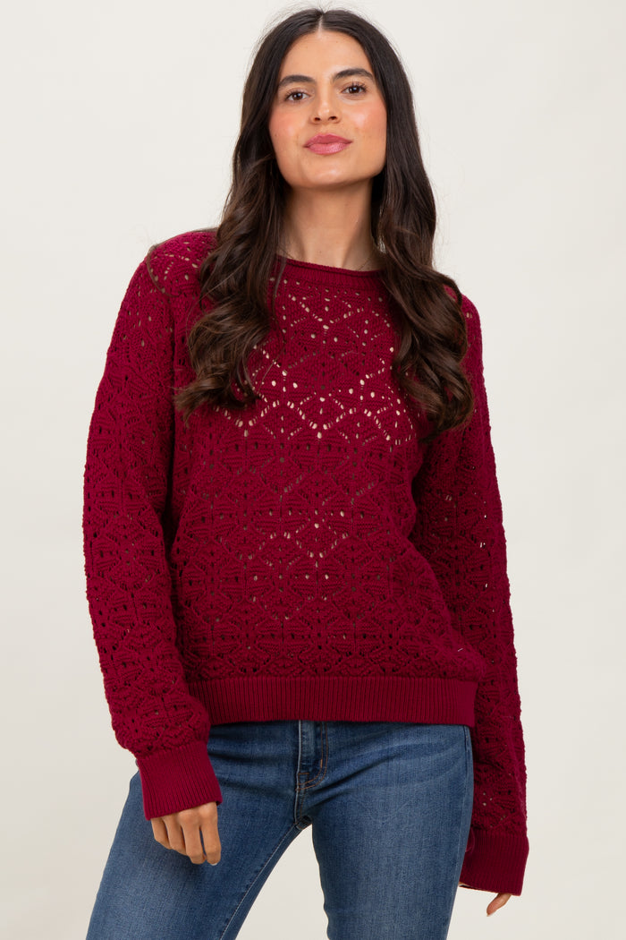 Burgundy Crochet Knit Drop Shoulder Maternity Sweater