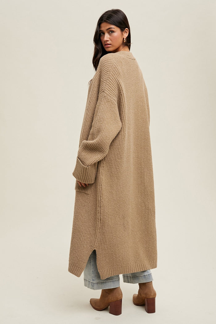 Camel Ribbed Chunky Knit Long Oversized Cardigan